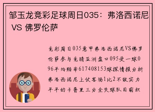 邹玉龙竞彩足球周日035：弗洛西诺尼 VS 佛罗伦萨